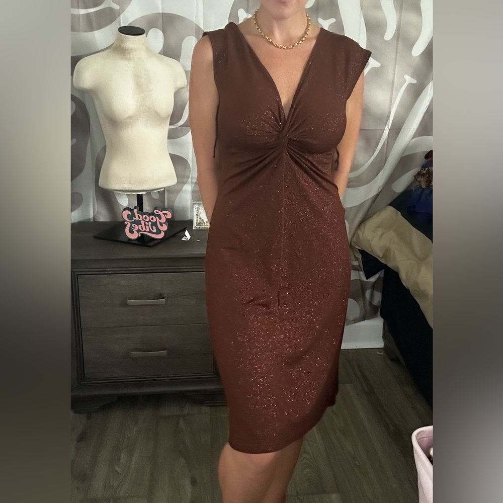 Jump Brown Ruched V-Neck Cocktail Midi Dress